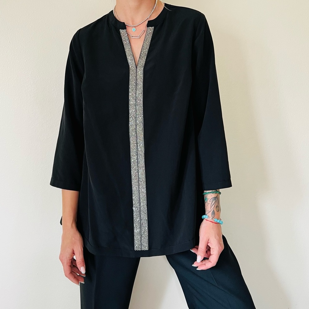 New Vision 155 black beaded v neck blouse top